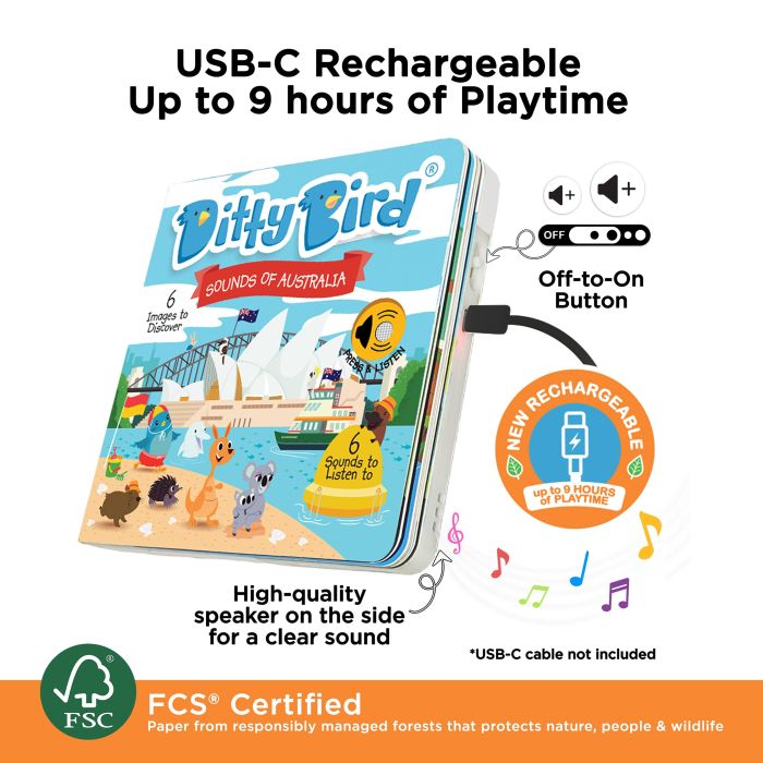 Ditty Bird sounds of Australia device with USB-C rechargeable feature on a white background