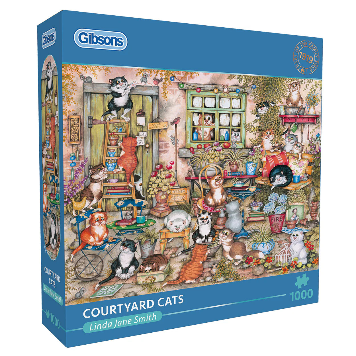 Gibsons Courtyard Cats 1000-piece jigsaw puzzle showing playful cats and garden details in a sunny courtyard scene