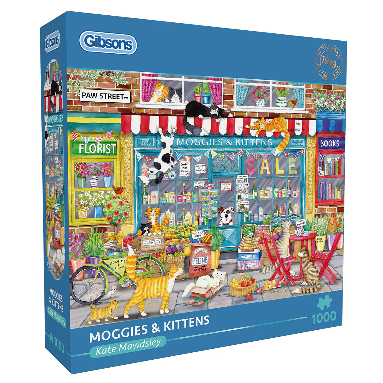 Gibsons puzzle box featuring a colorful scene with cats and a store, labeled 'Moggies & Kittens'.
