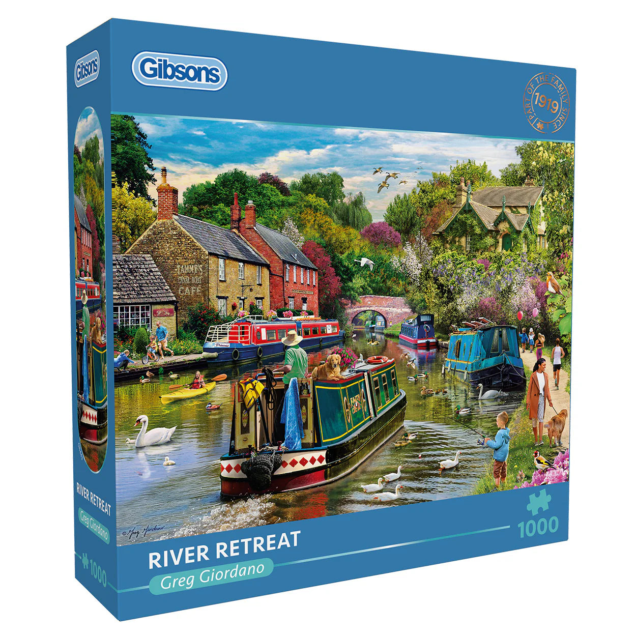 Gibsons 'River Retreat' puzzle box with a scenic illustration of a canal scene.