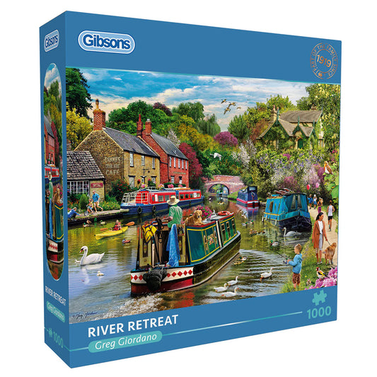 Gibsons 'River Retreat' puzzle box with a scenic illustration of a canal scene.