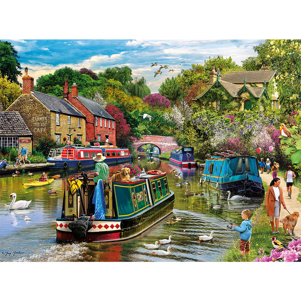 Scenic canal scene with boats, people, and animals in a village setting.