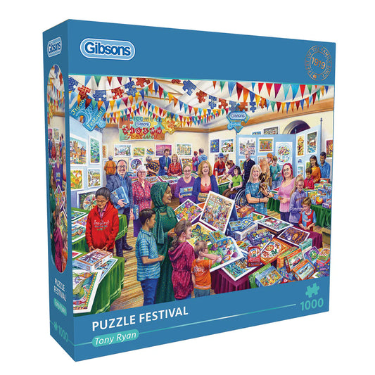 Gibsons Puzzle Festival blue box packaging with art from Tony Ryan