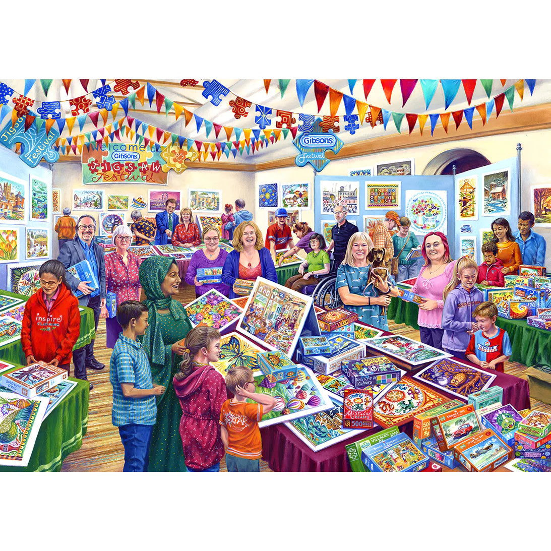 Gibsons Puzzle Festival 1000pc igsaw puzzle poster featuring people lookng at different puzzle pictures