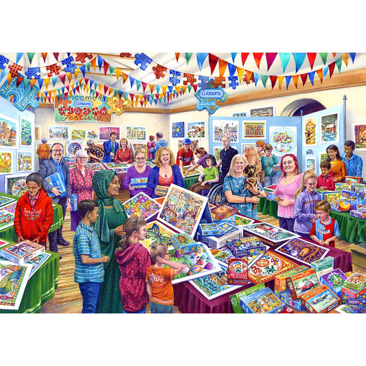 Gibsons Puzzle Festival 1000pc igsaw puzzle poster featuring people lookng at different puzzle pictures