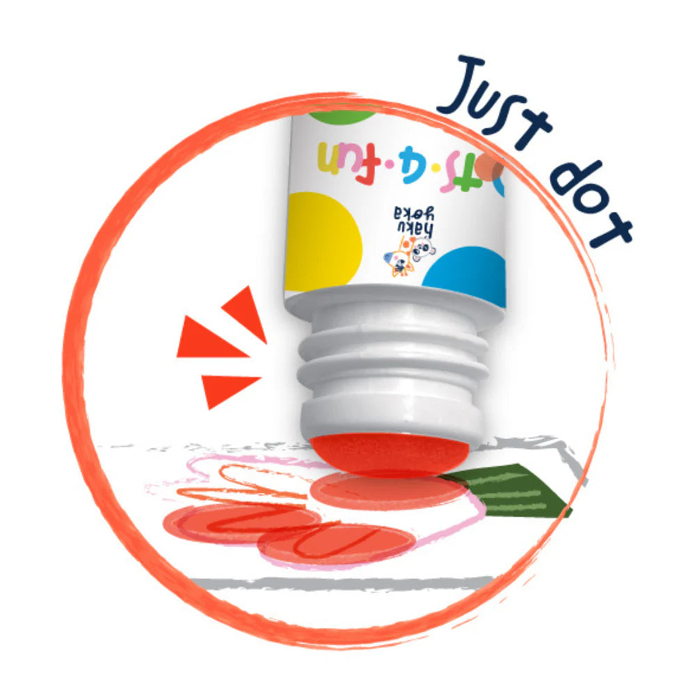 Colorful Haku Yoka Dots 4 Fun Dot Marker with 'Just dot' text and paint splashes on a white background