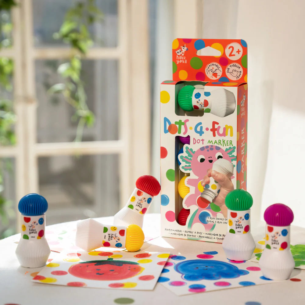 Haku Yoka Dots 4 Fun Dot Marker 5pk set with packaging on a table