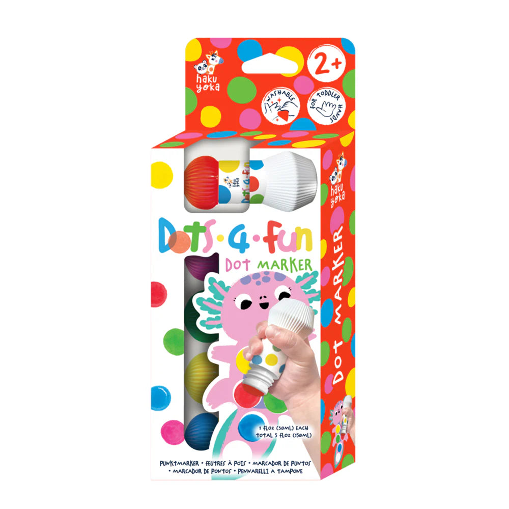 Packaging of a Haku Yoka Dots 4 Fun Dot Marker 5pk with colorful design and cartoon character on a white background.