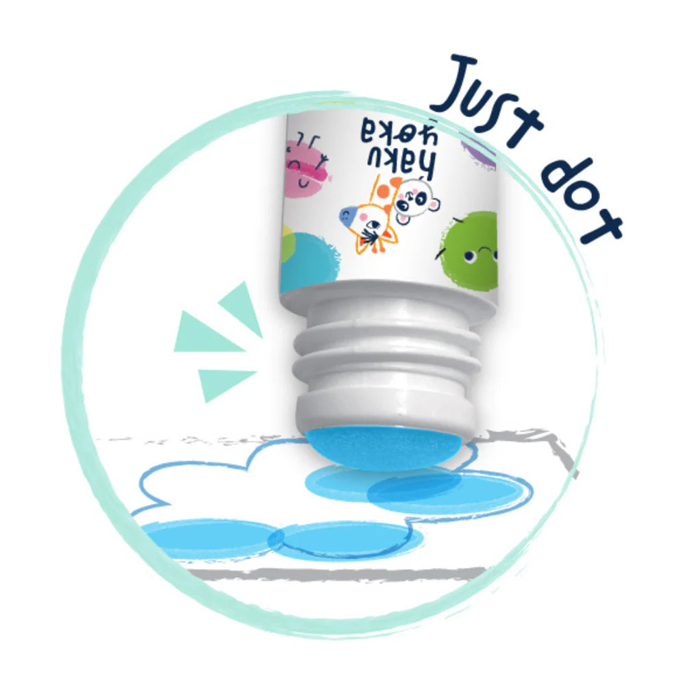 Pastel blue Haku Yoka Dots 4 Fun Pastel Dot Marker and 'Just dot' text on a white background