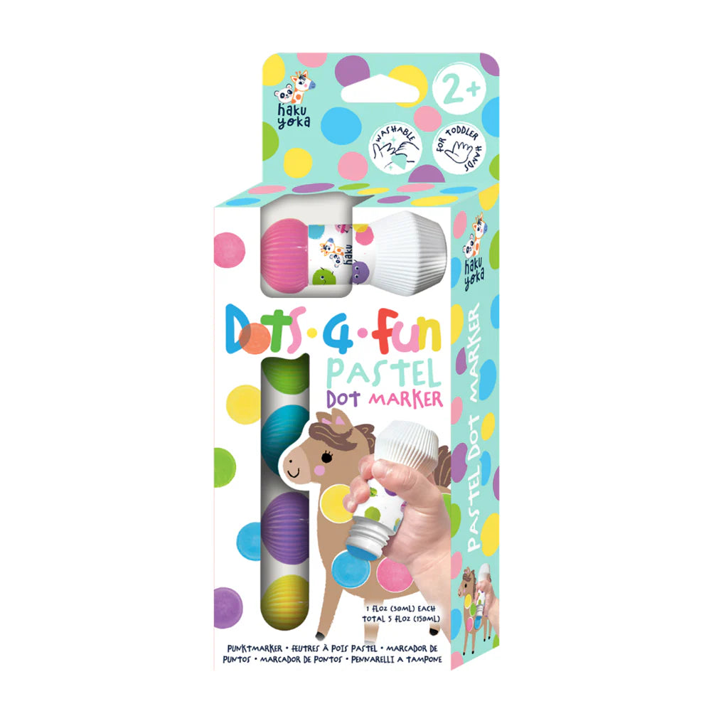 Packaging of Haku Yoka Dots 4 Fun Pastel Dot Marker 5pk with colorful design on a white background
