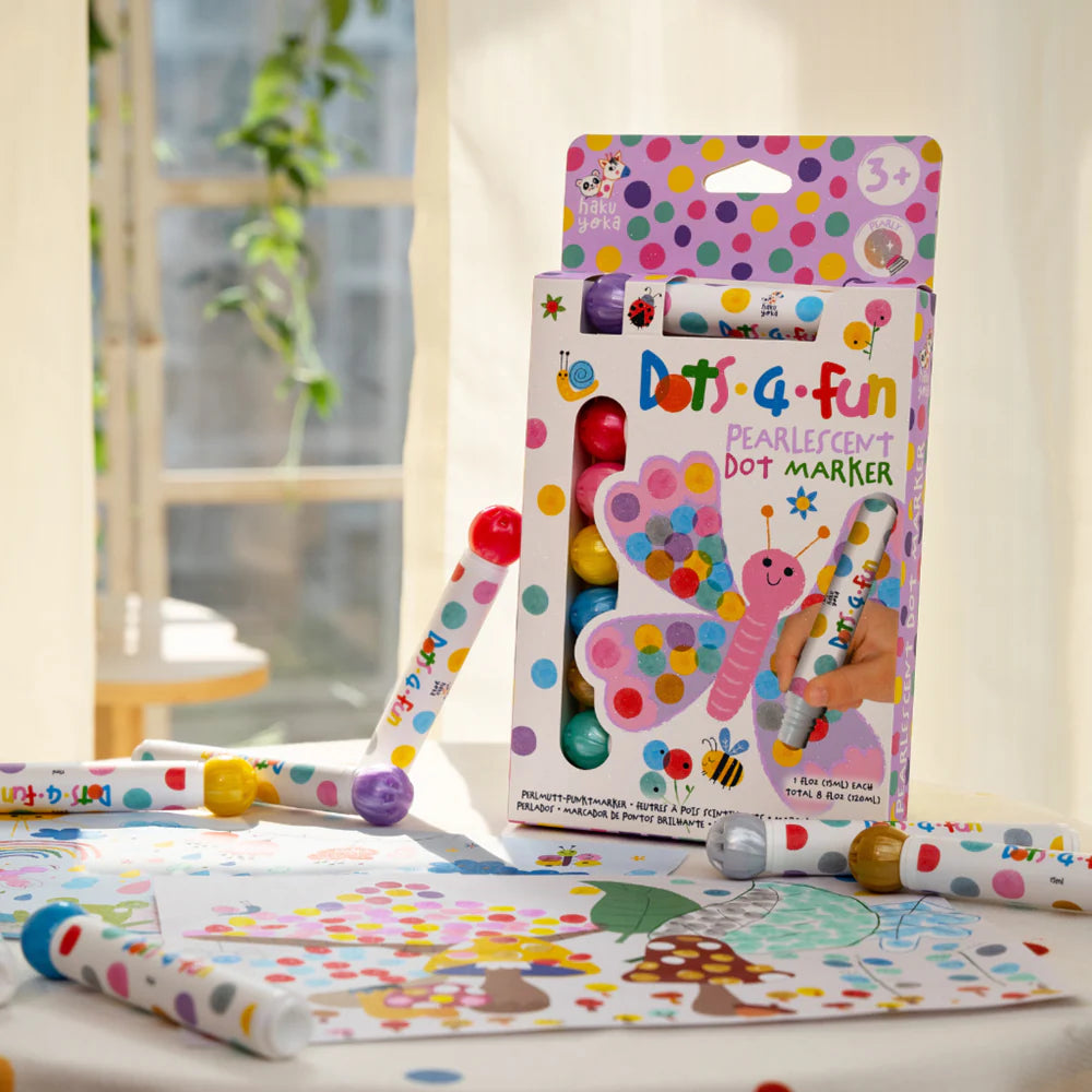 Haku Yoka Dots 4 Fun Pearlescent Dot Marker 8pk packaging with markers on a table