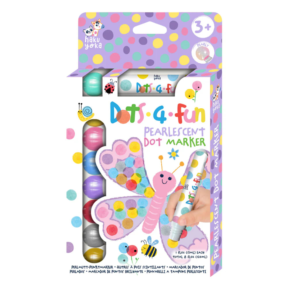 Packaging of Haku Yoka Dots 4 Fun Pearlescent Dot Marker 8pk with colorful design and text.
