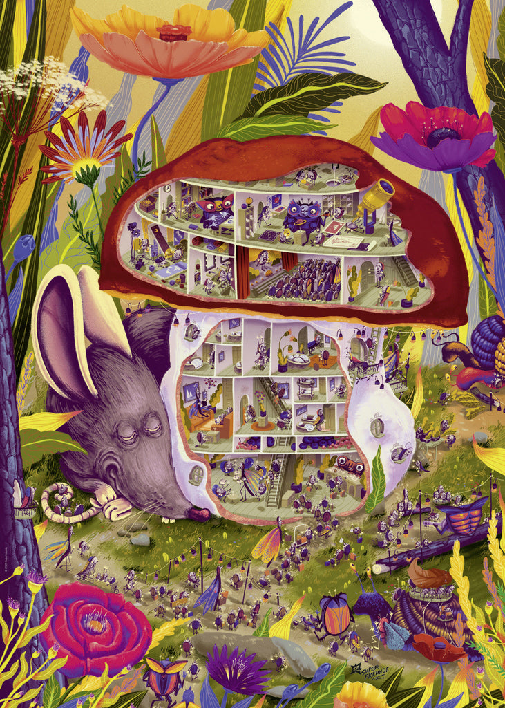 Heye Triangular 1000pc Jigsaw Puzzle Steyer Living Mushroom with mouse and creatures living in the mushroom
