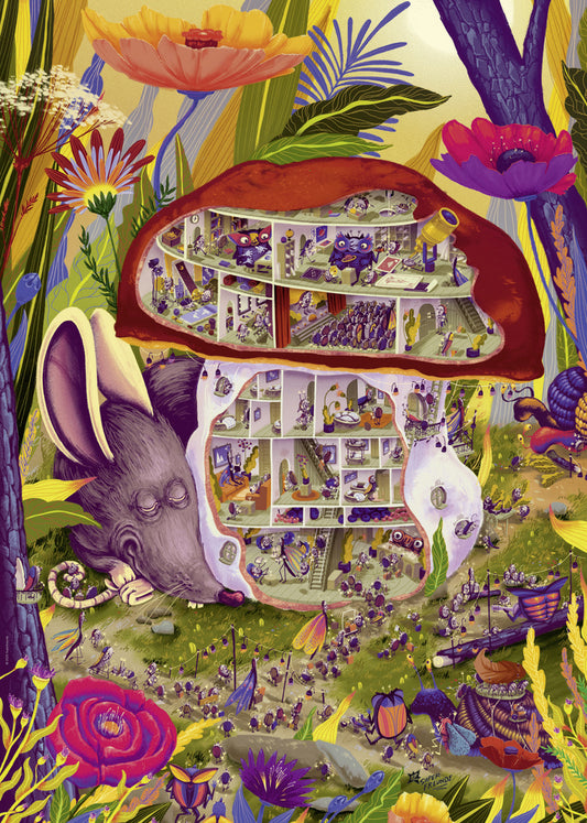 Heye Triangular 1000pc Jigsaw Puzzle Steyer Living Mushroom with mouse and creatures living in the mushroom