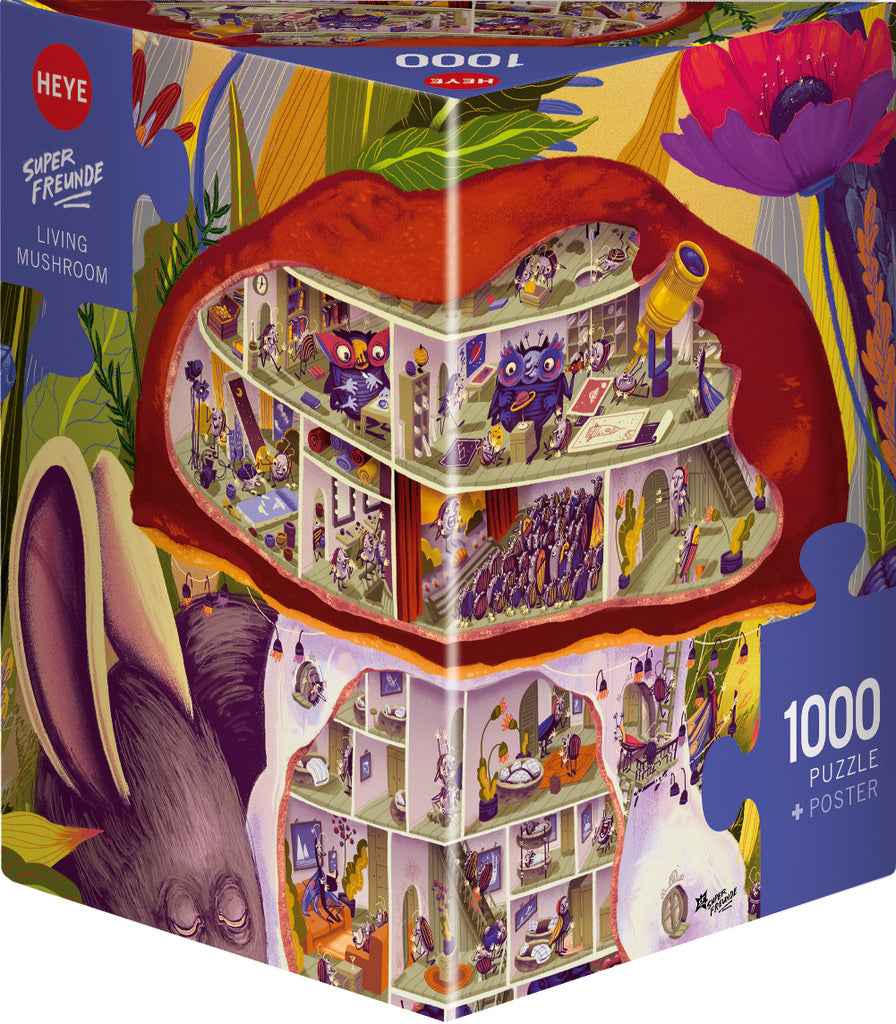 Heye Triangular 1000pc Jigsaw Puzzle Steyer Living Mushroom packaging with colorful illustration of a mushroom house and characters