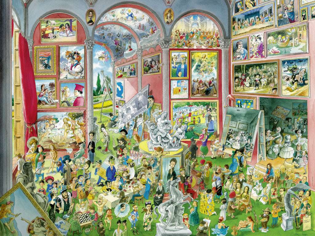 Heye Triangular 1500pc Jigsaw Puzzle Prades Masterpieces Colorful illustration of a crowded room with art materpieces