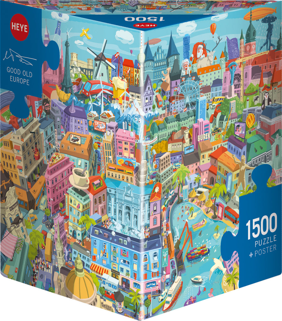 Heye Triangular 1500pc Jigsaw Puzzle Vidak Good Old Europe Puzzle box with colorful cityscape design 