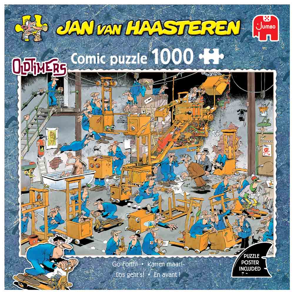 Jan van Haasteren Old Timers – Go Forth! 1000-piece jigsaw puzzle box – colourful nostalgic illustration, puzzle finish ~68 × 49 cm, ages 12+