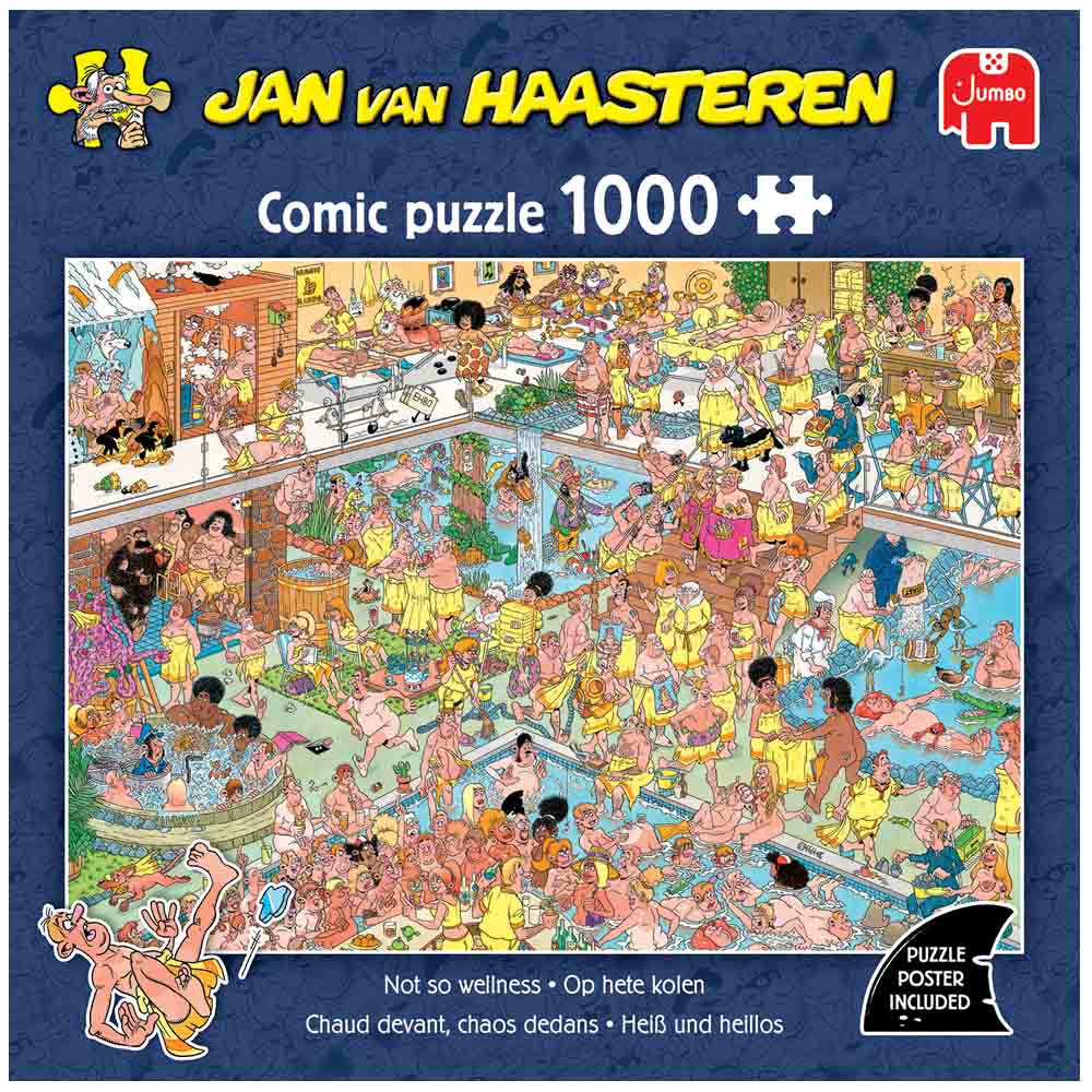 Jan van Haasteren ‘Not So Wellness’ 1000-piece jigsaw puzzle box – colourful chaotic spa scene, puzzle size approx 68 × 49 cm, for ages 12+