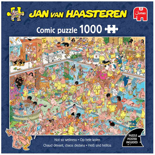 Jan van Haasteren ‘Not So Wellness’ 1000-piece jigsaw puzzle box – colourful chaotic spa scene, puzzle size approx 68 × 49 cm, for ages 12+