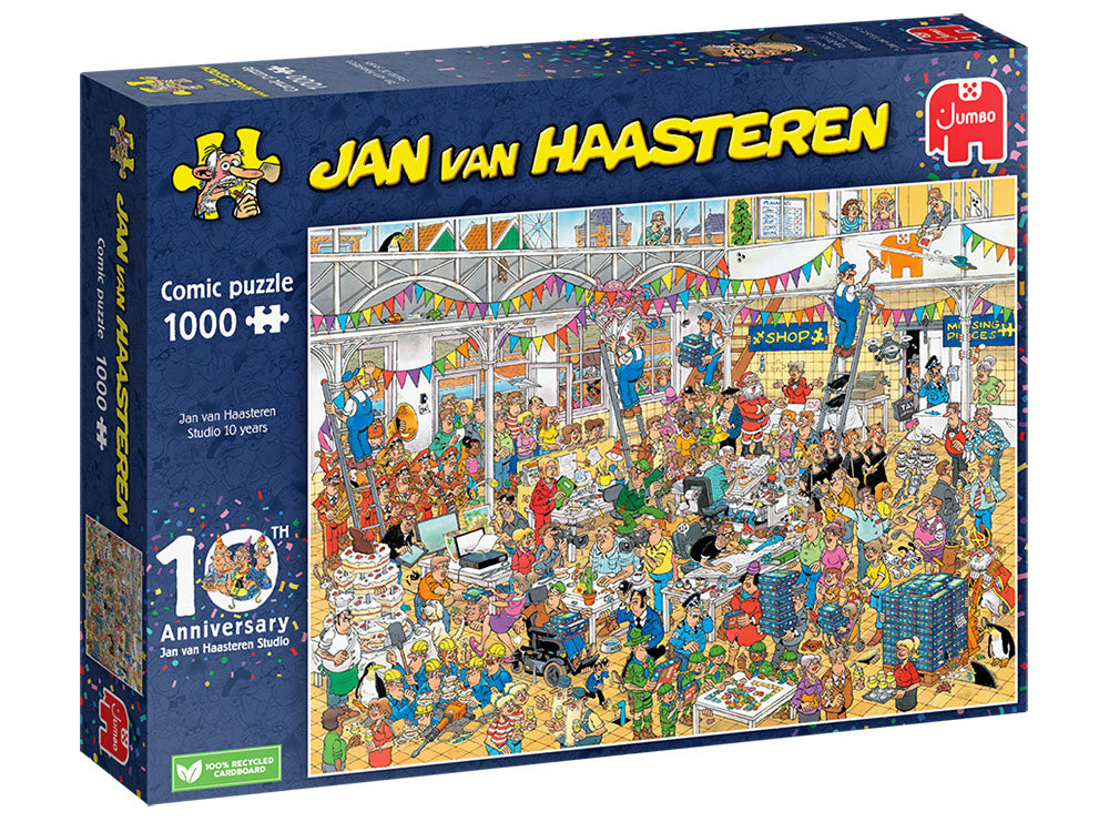 “Jan van Haasteren ‘10 Years JvH Studio’ 1000-piece jigsaw puzzle box – colourful chaotic illustration, puzzle size approx 68 × 49 cm, ages 12+