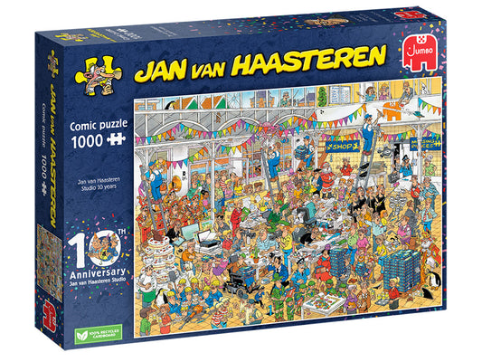 “Jan van Haasteren ‘10 Years JvH Studio’ 1000-piece jigsaw puzzle box – colourful chaotic illustration, puzzle size approx 68 × 49 cm, ages 12+