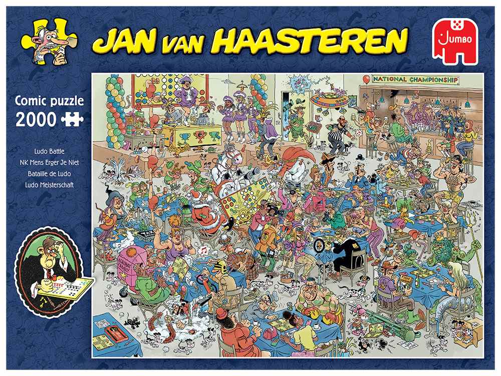 Jan van Haasteren Ludo Battle 2000-piece jigsaw puzzle box – colourful chaotic scene at a Dutch Ludo Championship, puzzle size 68 × 98 cm, ages 12+