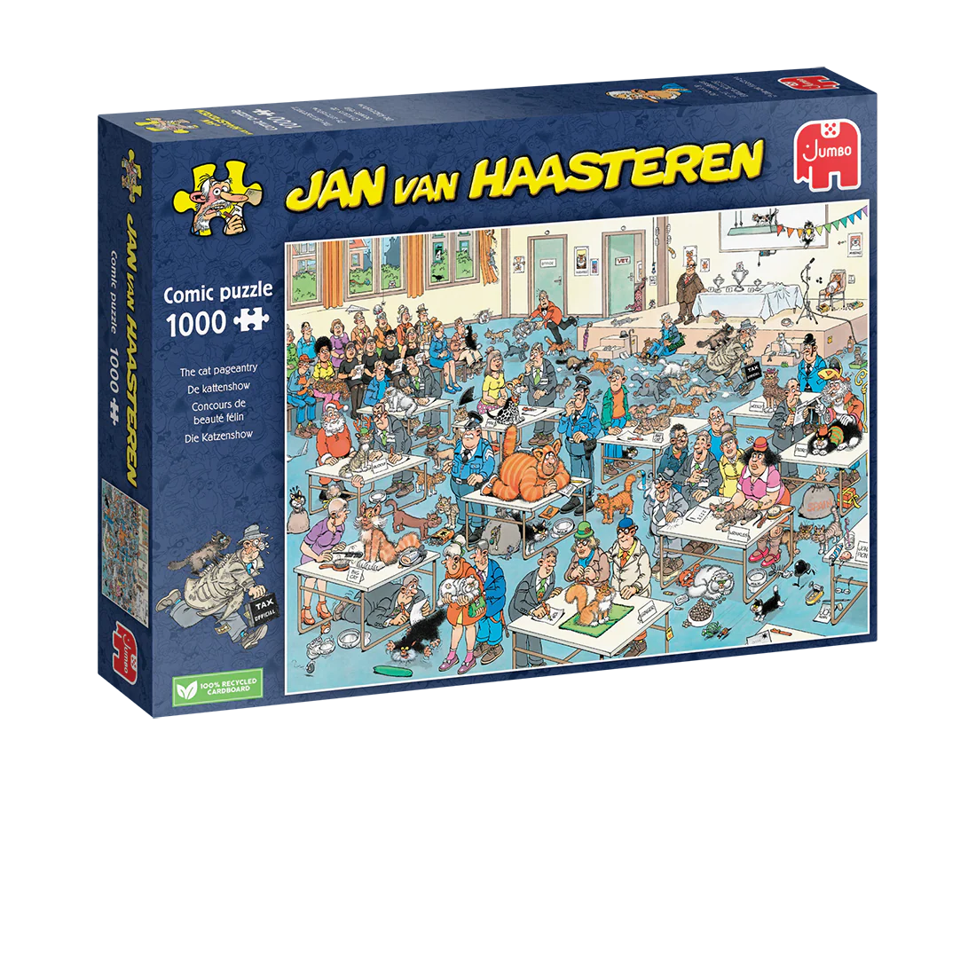 Jumbo Jan van Haasteren puzzle box with colorful illustration of a cat pageantry on a white background