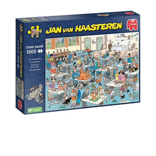 Jumbo Jan van Haasteren puzzle box with colorful illustration of a cat pageantry on a white background