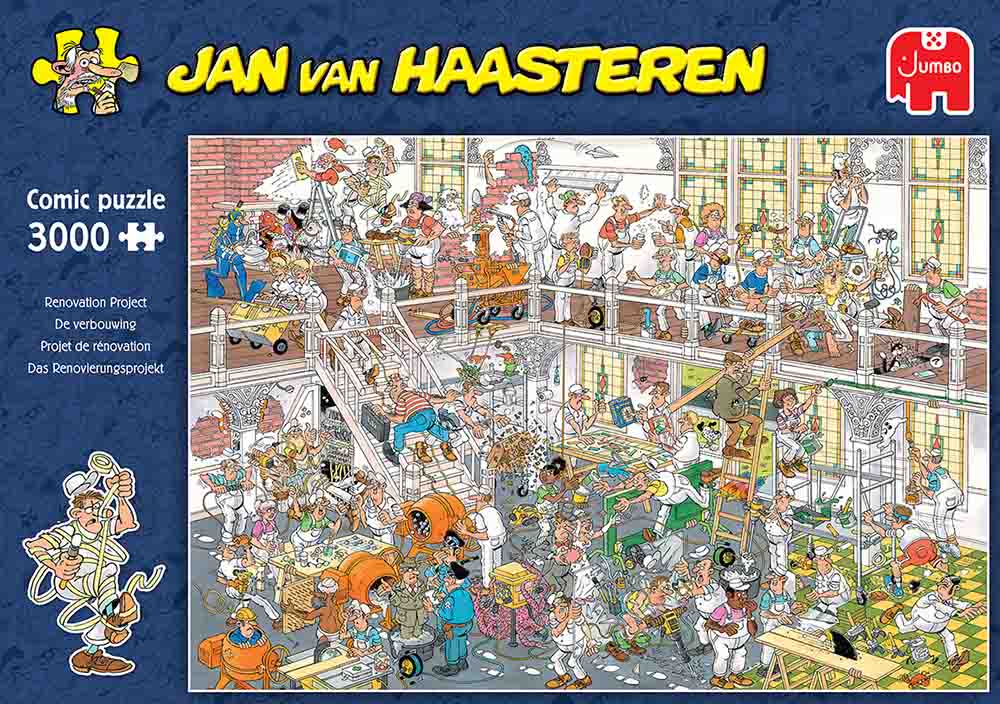 Jan van Haasteren Studio Renovation Project 3000-piece jigsaw puzzle by Rob Derks – chaotic home renovation scene with humorous details, finished size 122 × 85 cm.