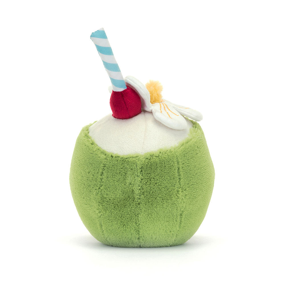 Back view of Jellycat Amuseables Aruba Coconut Plush toy resembling a coconut with a cherry and straw on a white background