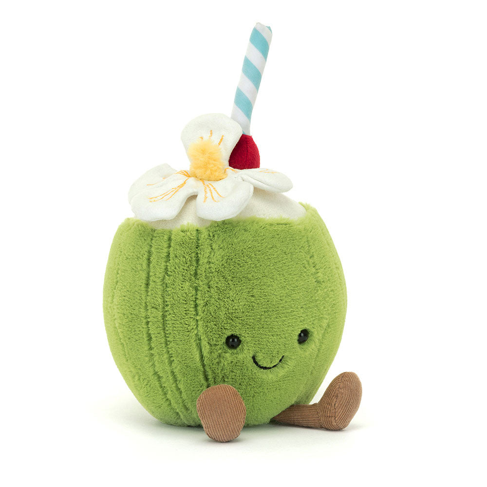 Jellycat Amuseables Aruba Coconut Plush toy resembling a coconut with whipped cream and a straw on a white background