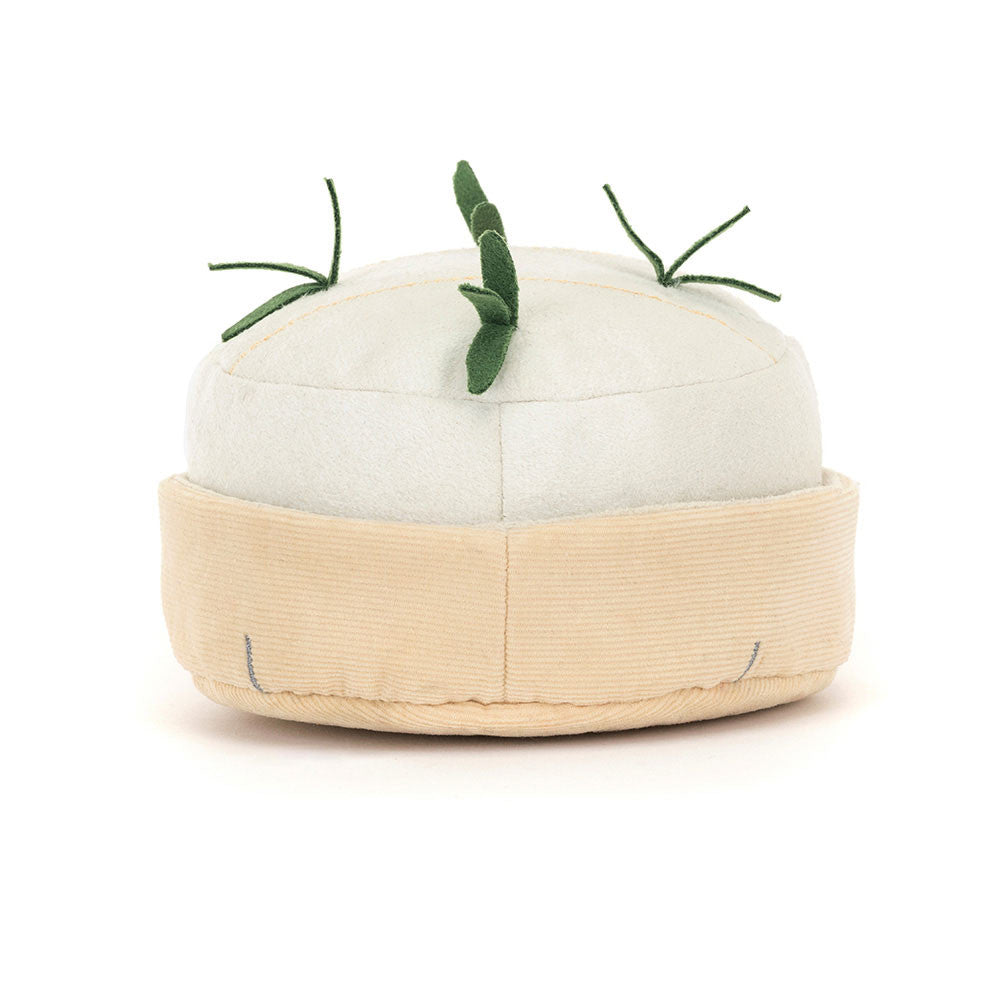 back view of Jellycat Amuseables Camembert White plush toy shaped like a cheese with green leaves on a white background