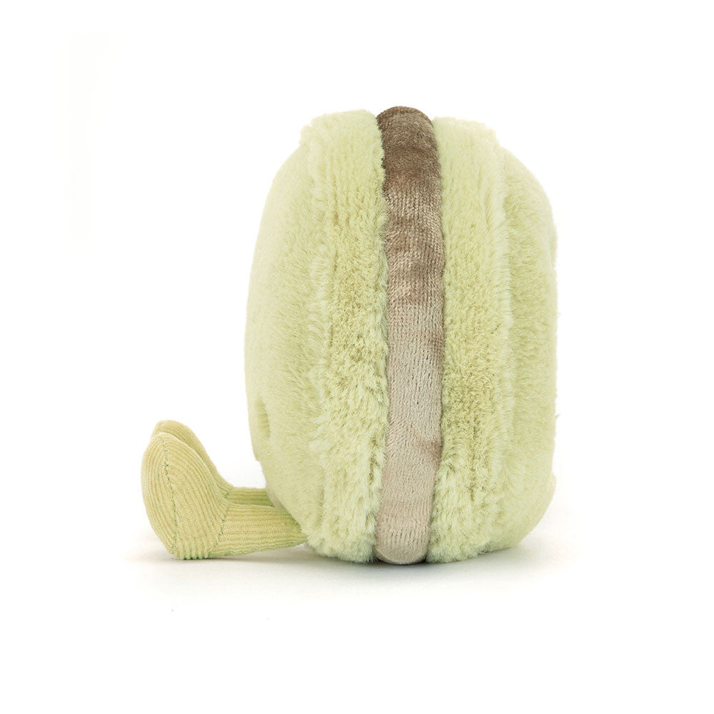 Jellycat Amuseables Max Macaron Light green and brown toy resembling a macaron on a white background side view