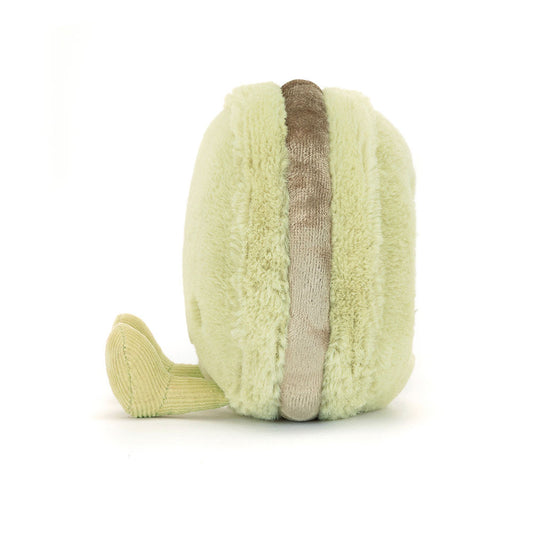 Jellycat Amuseables Max Macaron Light green and brown toy resembling a macaron on a white background side view