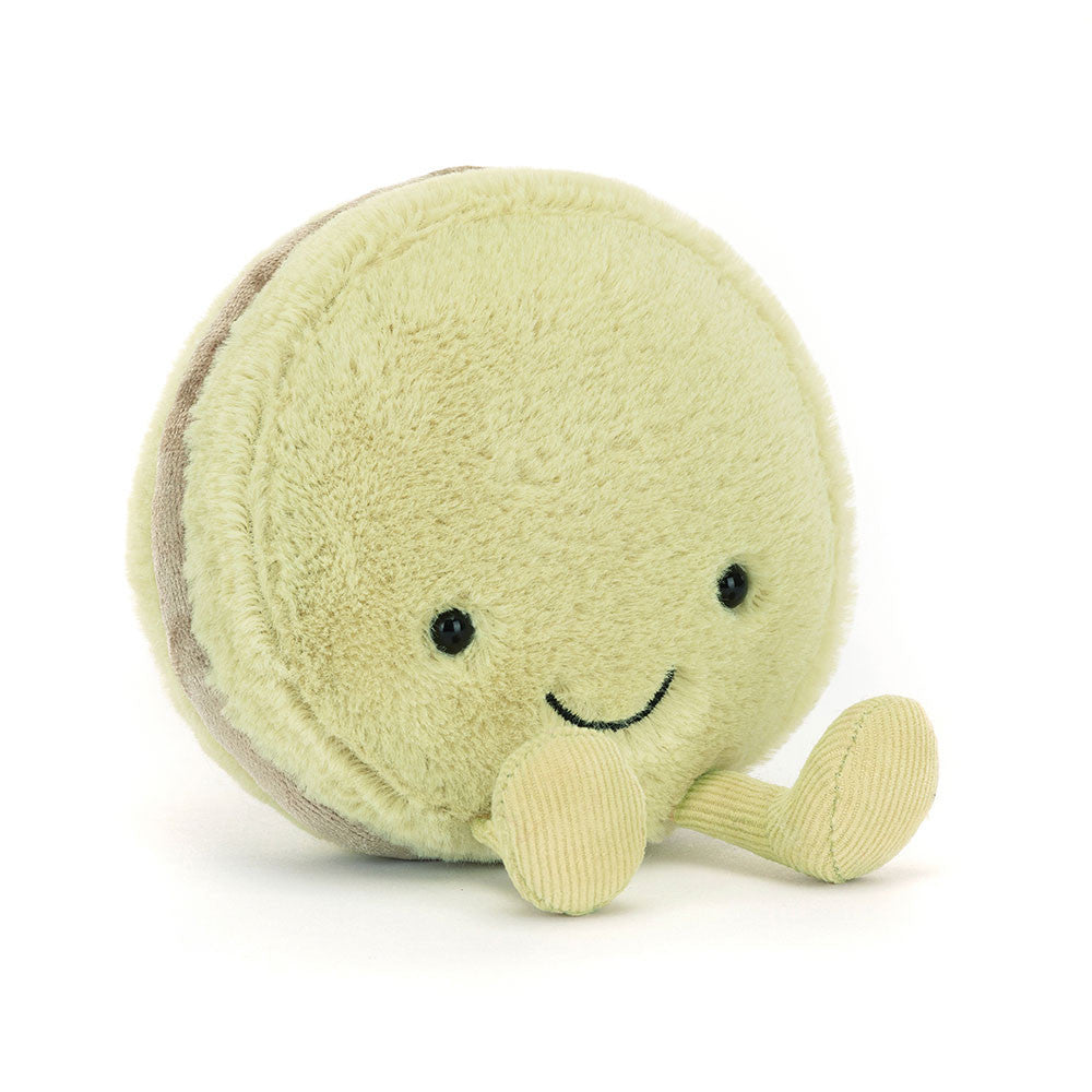 Jellycat Amuseables Max Macaron Plush toy resembling a macaron with a smiling face on a white background