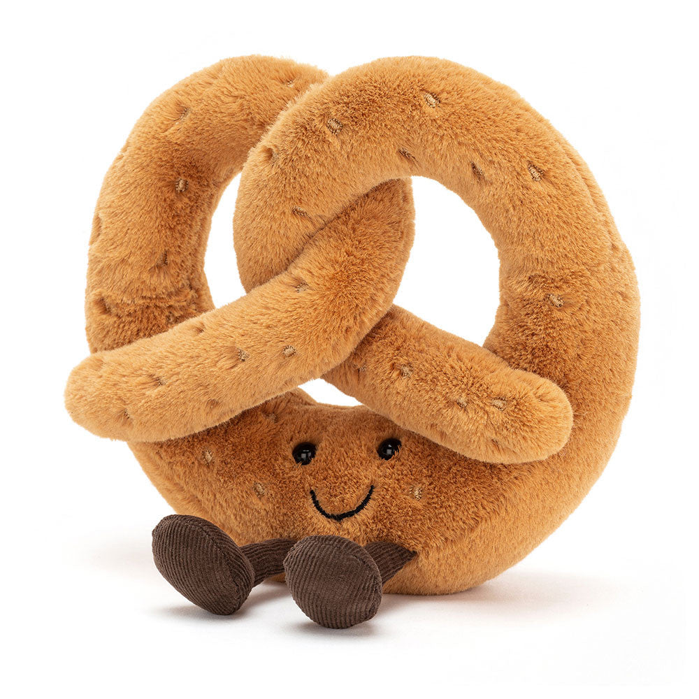 Front view of Jellycat Amuseables Pretzel ­Plush pretzel toy with a smiling face on a white background