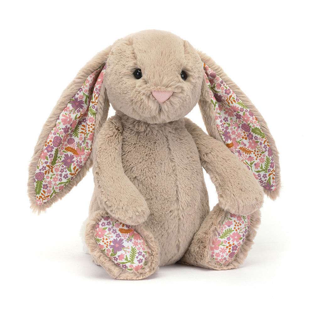 front view of Jellycat Blossom Beige Bunny 'Petal' Original with floral ears.