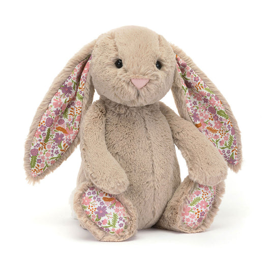 front view of Jellycat Blossom Beige Bunny 'Petal' Original with floral ears.