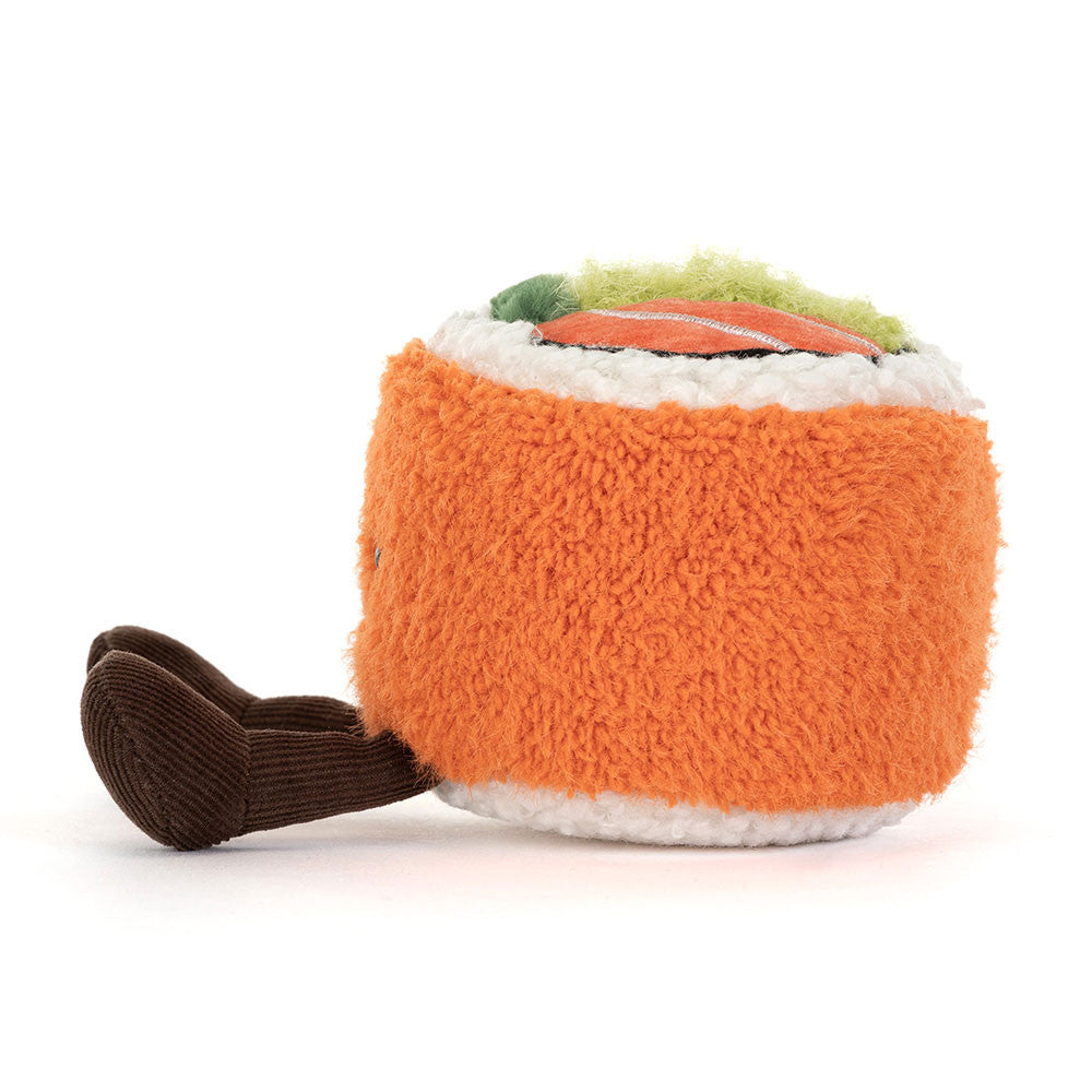 Jellycat Plush Amuseables Codhi Californian Roll Plush toy resembling a roll of sushi on a white background
