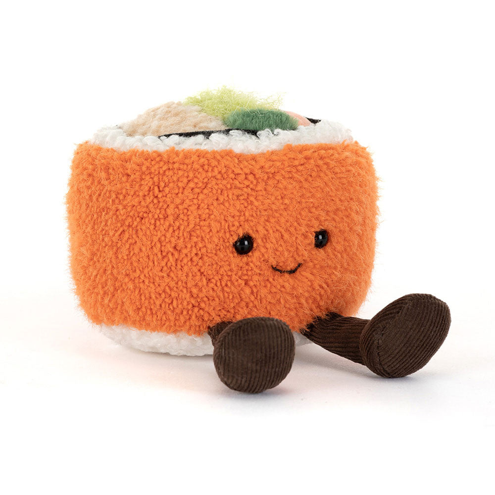 Jellycat Plush Amuseables Codhi Californian Roll Plush toy resembling a roll of sushi with a smiling face on a white background