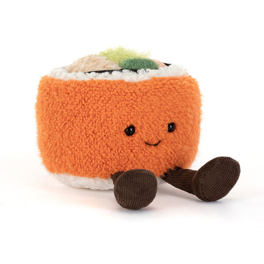 Jellycat Plush Amuseables Codhi Californian Roll Plush toy resembling a roll of sushi with a smiling face on a white background
