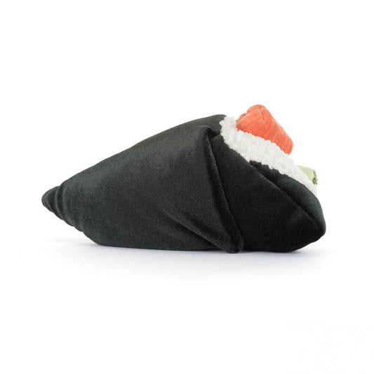 Jellycat Plush Amuseables Coneroi Temaki shaped like a roll of sushi with orange and white details on a white background