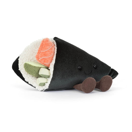 Jellycat Plush Amuseables Coneroi Temaki Stuffed toy resembling a sushi roll with black exterior, orange and green fillings on a white background