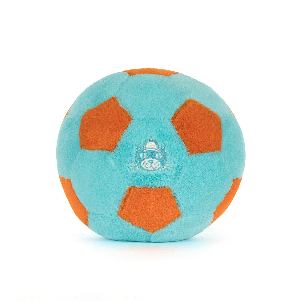 Jellycat Plush Amuseables Football Plush toy resembling a soccer ball with orange panels on a white background