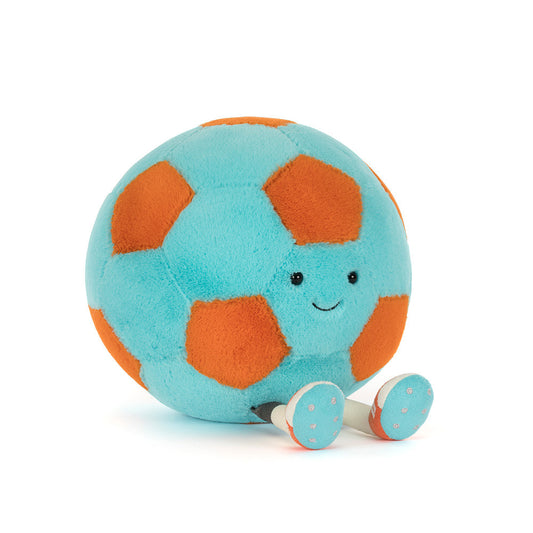 Jellycat Plush Amuseables Football Plush toy soccer ball with a smiling face on a white background