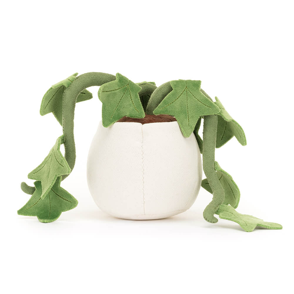 Back view of Jellycat Plush Amuseables Ivy Plush toy shaped like a white pot with green ivy leaves on a white background