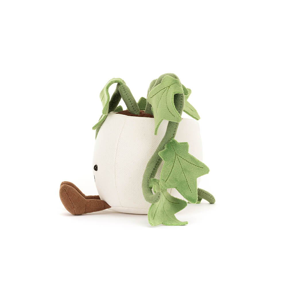 Side view of Jellycat Plush Amuseables Ivy Plush toy shaped like a white pot with green ivy leaves on a white background