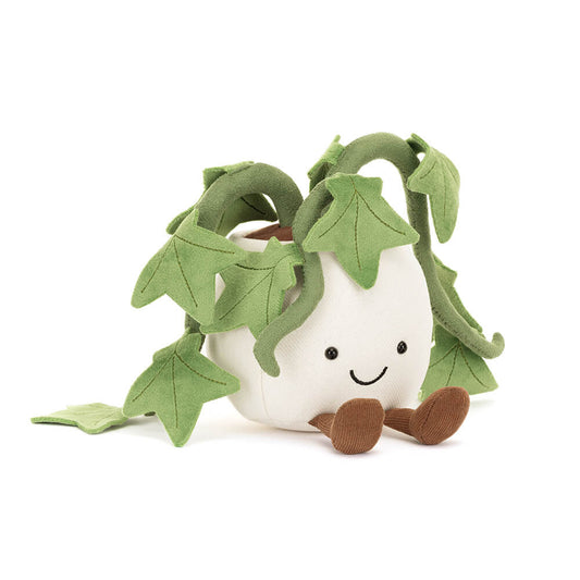 Jellycat Plush Amuseables Ivy Plush toy shaped like a white pot with green ivy leaves on a white background