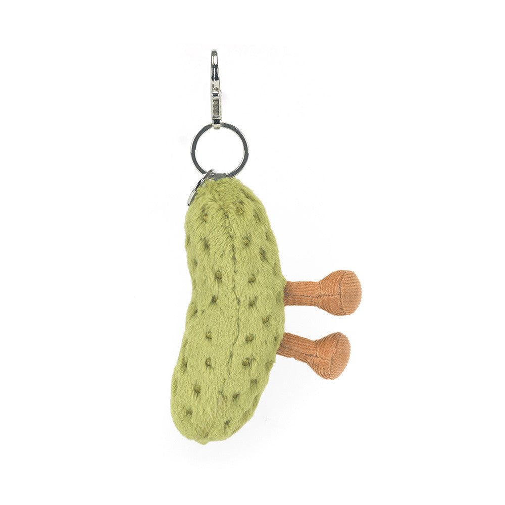 Jellycat Plush Amuseables Pickle Bag Charm Green textured keychain with brown accents on a white background